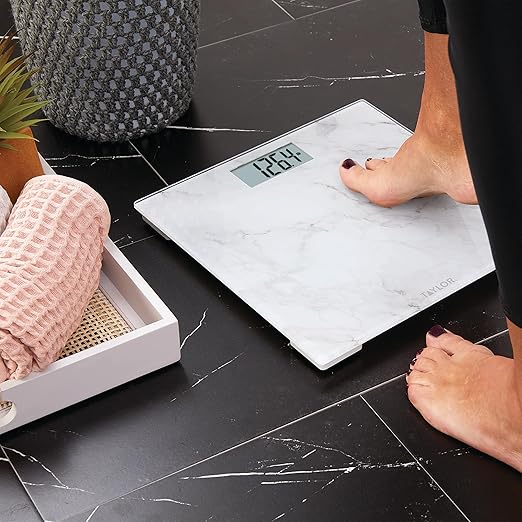 Taylor Digital Glass Marble Bathroom Scale, Scale for Body Weight, Highly Accurate Digital Bathroom Weighing Machine, Battery Powered, FSA HSA Eligible, Measures Weight up to 400 lb Capacity, White