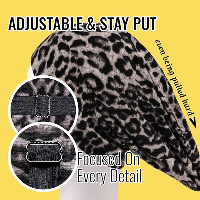 Satin Lined Sleep Cap Bonnet for Curly Hair and Braids, Stay On All Night Hair Wrap with Adjustable Strap for Women and Men, Grey Leopard, Pack of 1