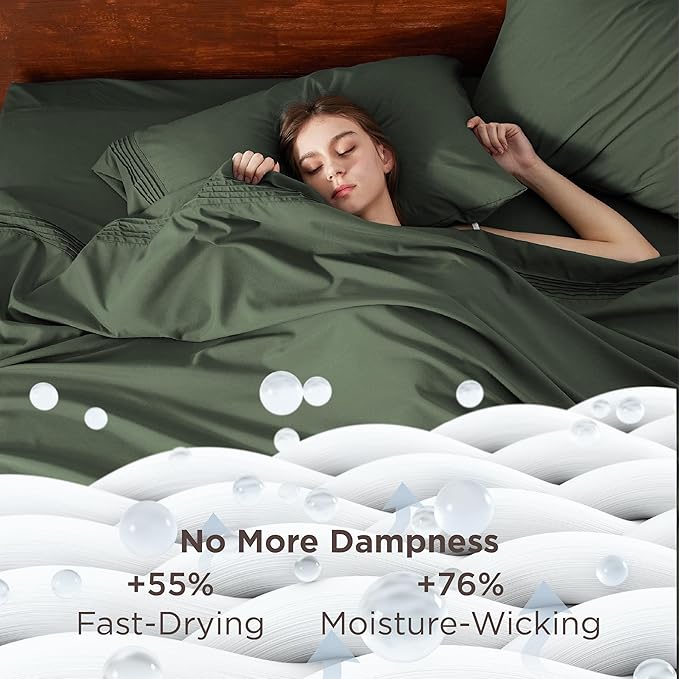 Bedsure Deep Pocket Queen Sheets Set - Fits Mattresses Up to 21 Inches Thick - 4 Piece GentleSoft Bed Sheets, Moisture Wicking, Soft & Cooling Bedsheet & Pillowcases, Easy & Secure Fit, Olive Green
