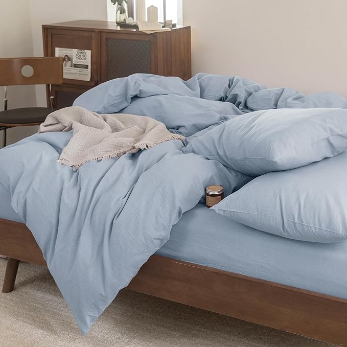 FOSSA Duvet Cover Set 100% Washed Cotton Linen Feel Super Soft Breathable Cozy 3 Pieces Bedding Sets Solid Cornflower Blue Super King