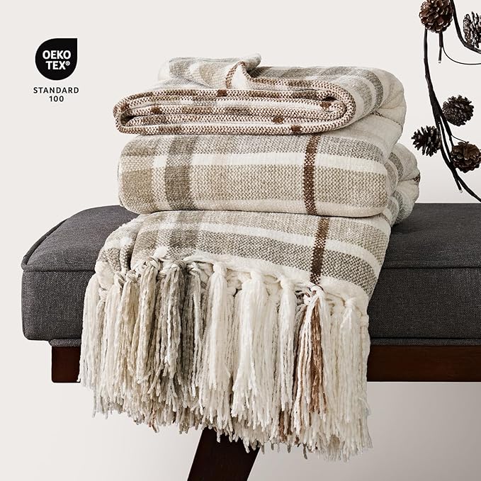 EVERGRACE Plaid Chenille Bed Blanket Queen Size for Bed, Super Soft Cozy Decorative Farmhouse Plaid Throw with Tassels, Lightweight Chenille Knit Throw for Couch Sofa Gift Home Decor, Beige 90"x90"