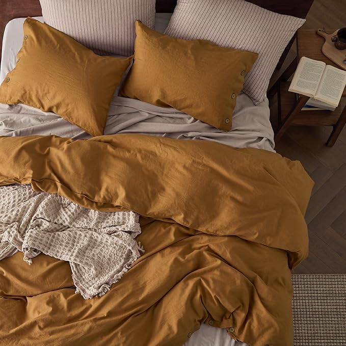 Bedsure Linen Duvet Cover King Size - Linen Cotton Blend Bedding Set, Soft & Cozy, 3 Pieces, 1 Duvet Cover 104x90 and 2 Pillowcases, Pumpkin Yellow Color Cooling Bedding, Comforter Sold Separately