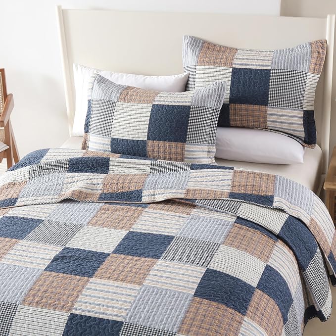 Uniclinens Plaid Quilt Set King Size, 100% Cotton Patchwork Plaid Quilt Bedding Set Bedspreads, Farmhouse Lightweight Comforter Quilted Quilt, 3 Pieces Set with 2 Pillowshams, Navy/Brown/White