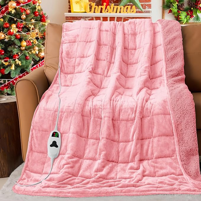 CYMULA Heated Weighted Blanket for Adults, Weighted Heated Blanket 50" x 60", 13lbs Sherpa Fleece Weighted Electric Blanket Soft Heating Blanket with 10 Heating Levels & 1-8 Hours Auto Off, Pink