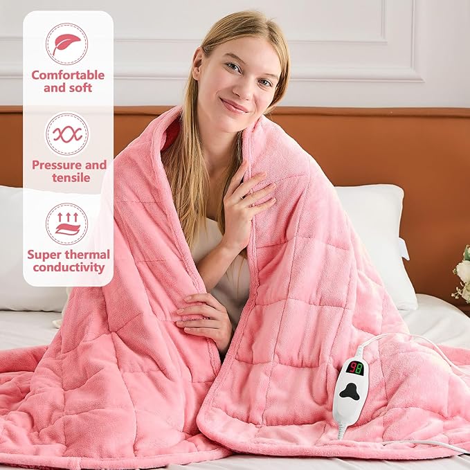 CYMULA Heated Weighted Blanket for Adults, Weighted Heated Blanket 50" x 60", 13lbs Sherpa Fleece Weighted Electric Blanket Soft Heating Blanket with 10 Heating Levels & 1-8 Hours Auto Off, Pink