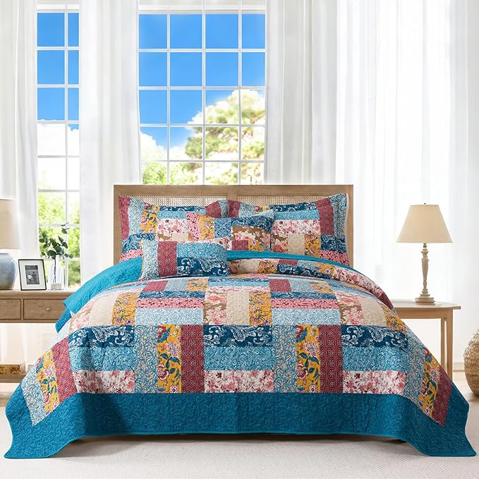 BEDIFANY Cotton Queen Quilt Set - Modern Farmhouse Bedspread with Vibrant Floral Pattern, 3-Piece Lightweight Coverlet (90x98 Inch) + 2 Pillow Shams, All Seasons Multicolor Quilt Bedding Set