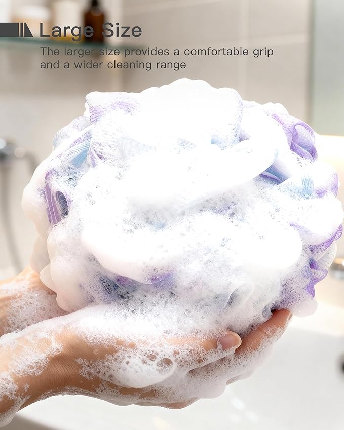 Large Bath Sponge Pouf 70g, 6.3 Inch Exfoliating Shower Loofah, Soft Durable PE Mesh with Reinforced Knotting, Rich Lather Body Wash Scrubber, 4-Pack Elegant Colors Gift Set（B-4Pcak）