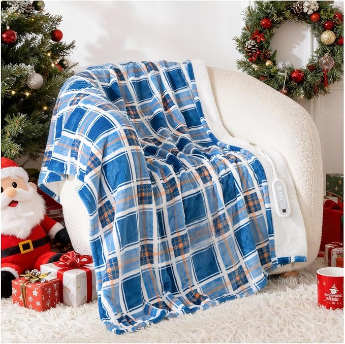 Heated Blanket Electric Throw, Heating Throw with 8 Hours Auto Off & 8 Fast Heating Levels, Blue White Plaid Checkered Sherpa Blanket Warmer for Adults, Washable Blanket Gift for Couch Bed (50x60 In)