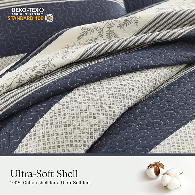 Stripe Quilt King Size - 100% Cotton Lightweight King Quilt Bedding Set, Vintage Vine Pattern Quilted Bedspread with 2 Pillow Shams, Farmhouse Printed Bed Coverlet for All Season, Navy/Gray