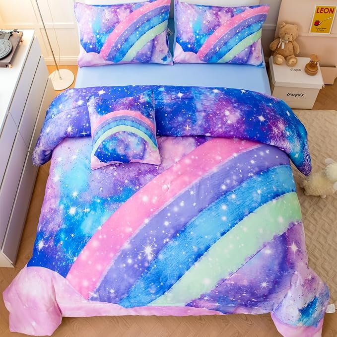 ANGIYUIN Tie Dye Blue Twin Size Comforter Sets for Kids Girls 6 Pieces Colorful Rainbow Bed in A Bag Pastel Gradient Galaxy Bedding Sets with Sheets, Comforter and Pillowcases for Teens Kids