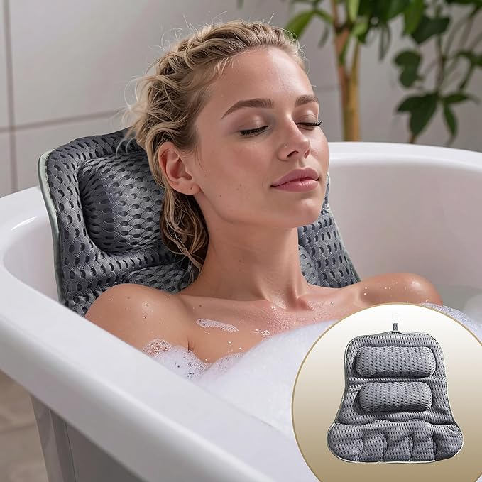 Luxury Bath Pillow for Tub, Dual Headrest & Back Support, 4D Air Mesh Quick-Dry Cushion, 10 Strong Suction Cups, Extra-Large Spa Bathtub Pillow Gift for Women(Grey)