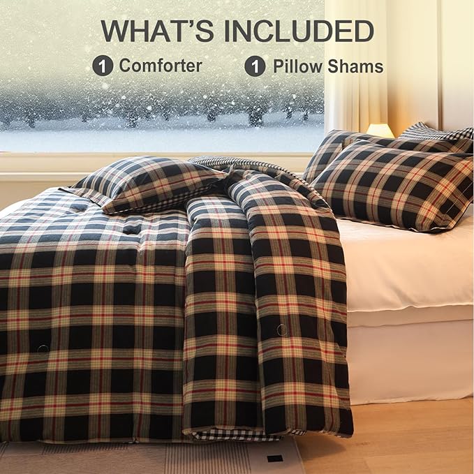 100% Cotton Comforter Set Twin Size – Reversible Yarn-Dyed Checkered Design, Soft Washed Cotton on Both Sides, Lightweight All-Season Bedding, Machine Washable(Black Red Plaid, 68”x90”)