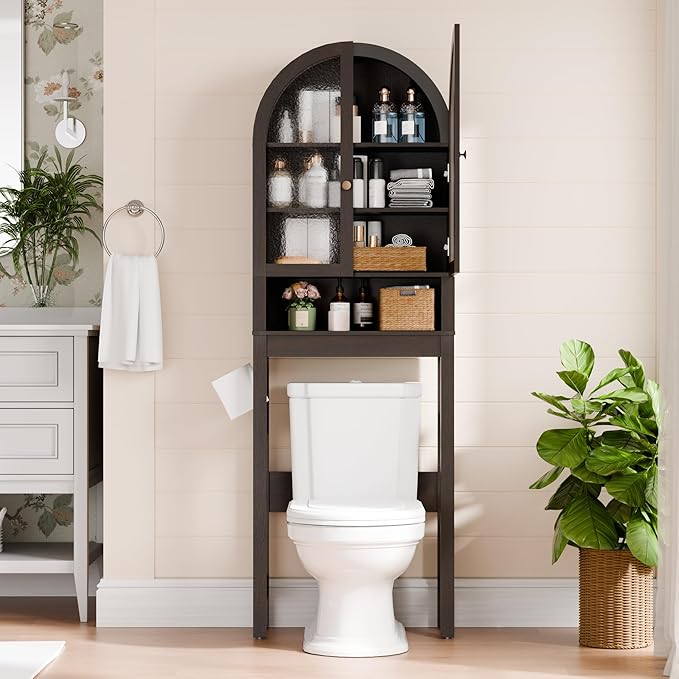Over The Toilet Storage Cabinet, 23.7”W Modern Storage Cabinet Over Toilet with Acrylic Doors, Arched Freestanding Over Toilet Rack with Adjustable Shelf for Bathroom, Espresso