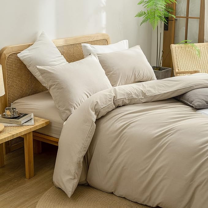 BESTOUCH Duvet Cover Set 100% Washed Cotton Linen Feel Super Soft Comfortable Chic Lightweight 3 PCs Home Bedding Set Solid Almond Milk Grey Oversized King