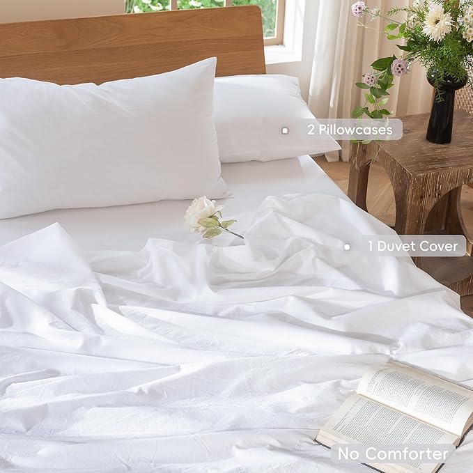 MooMee Bedding Duvet Cover Set 100% Washed Cotton Linen Like Textured Breathable Durable Soft Comfy (Solid Bright White, Full 80"x90")