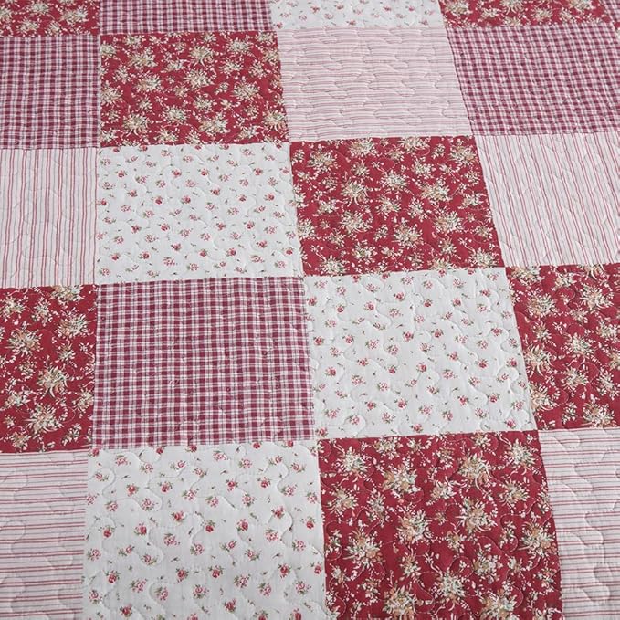 ENASAL Cotton Bedspread Quilt Bedding Sets Reversible Coverlet Sets Comforters Plaid Floral Red White Patchwork Pattern Bedspread for All Season, King Size