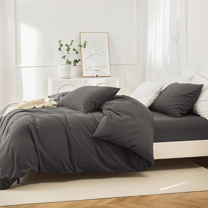 JIYUAN 100% Washed Cotton Duvet Cover Set 3 Pieces Cal King, 1 Duvet Cover 104x98 Inches(Comforter Not Included) and 2 Pillowcases,Linen Feel Bedding Set Comfy and Breathable,Solid Dark Grey