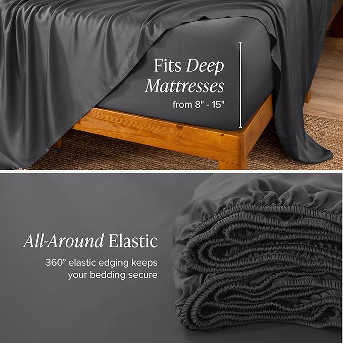 Bare Home 100% Rayon Made from Bamboo Full XL Sheet Set - 4 Piece Bedding Set - Deep Pockets - Breathable - Easy Fit - Bedding Sheets & Pillowcases (Full XL, Grey)