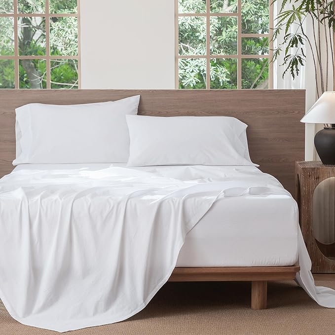 MooMee Bedding Sheet Set 100% Washed Cotton Linen Like Textured Breathable Durable Soft Comfy (Solid Bright White, King)