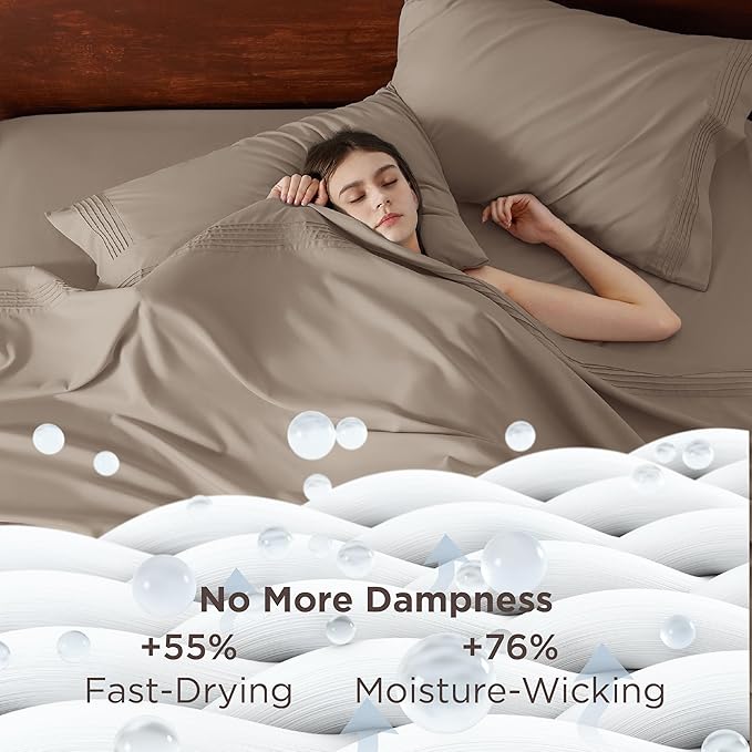 Bedsure Deep Pocket King Sheet Set - Fits Mattresses Up to 21 Inches Thick - 4 Piece GentleSoft Bed Sheets, Moisture Wicking, Soft & Cooling Bedsheet & Pillowcases, Easy & Secure Fit, Taupe