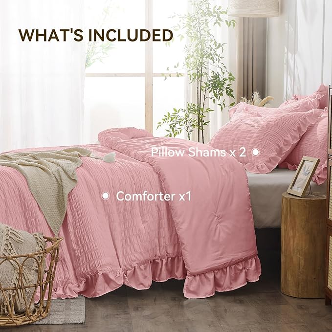 JOLLYVOGUE Pink Seersucker Queen Comforter Set, 3 Pieces Bed in a Bag Comforter Set, Lightweight & Fluffy Bedding Sets Queen for All Season with 1 Ruffle Comforter and 2 Ruffle Pillowshams