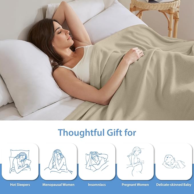 Twin Size Blanket, 70% Rayon (Derived from Bamboo) and 30% Cotton, Lightweight Jacquard Weave, Breathable and Soft Summer Blanket for Bed or Couch, 66” x 90”, Khaki