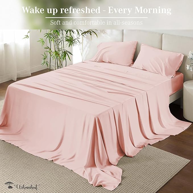 URBANHUT 700 Thread Count Queen Size Egyptian Cotton Sheets, 4Pc Sheet Set Soft Luxury Bed Sheets for Queen Size Bed, Sateen Weave Hotel Sheets, 16'' Elasticized Deep Pocket - Blush Pink