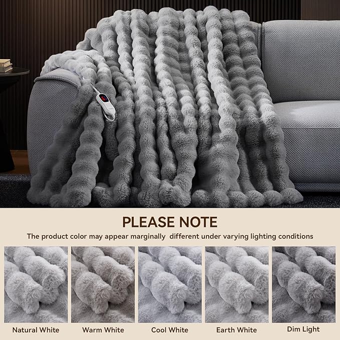 Heated Blanket Throw with 1/2/4/6/8 Hours Auto-Off 10 Heat Level, 50'' * 60'' Cozy Faux Rabbit Fur Bubble Electric Blanket with Overheat Protection(Light Grey)