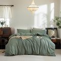 FOSSA Duvet Cover Set 100% Washed Cotton Linen Feel Super Soft Breathable Cozy Simple Style 3 Pieces Bedding Sets Solid Heathered Green Oversized King