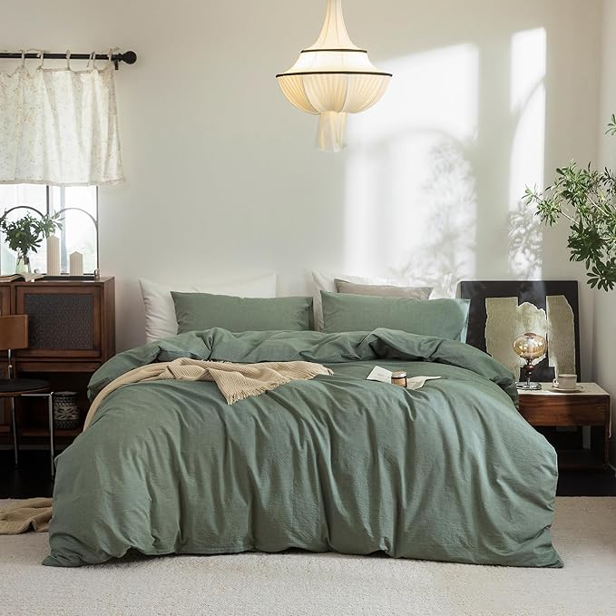 FOSSA Duvet Cover Set 100% Washed Cotton Linen Feel Super Soft Breathable Cozy Simple Style 3 Pieces Bedding Sets Solid Heathered Green Oversized King