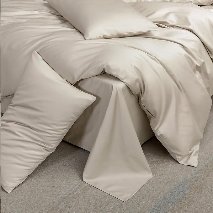MooMee Duvet Cover Set 100% Extra Long Staple Cotton 600 Thread Count Silky Sateen Smooth Luxury Soft Breathable Durable Hotel Quality Bedding, 3 Pieces (Beige, King 104"x90")