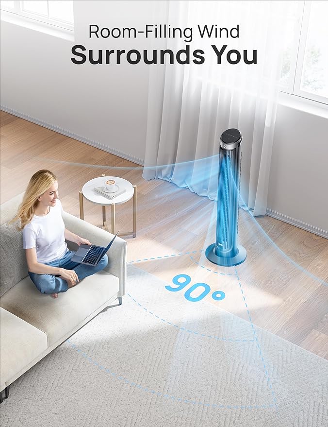 Dreo Tower Fan for Bedroom, 90° Oscillating Fans that Blow Cold Air, 5 Speeds, 4 Modes with 26ft/s Velocity, 12H & 28dB Quiet Timer, Remote, Touch, 40" Standing Floor Fan for Home Office, Black
