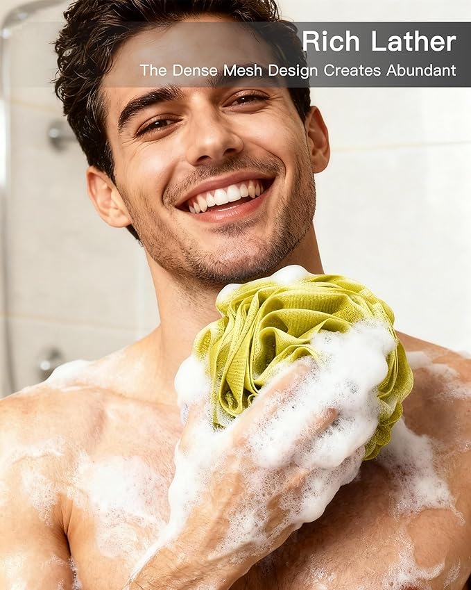 Large Bath Sponge Pouf 70g, 6.3 Inch Exfoliating Shower Loofah, Soft Durable PE Mesh with Reinforced Knotting, Rich Lather Body Wash Scrubber, 4-Pack Elegant Colors Gift Set（C-4Pcak）
