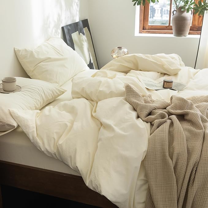 FOSSA Duvet Cover Set 100% Washed Cotton Linen Feel Super Soft Breathable Cozy 3 Pieces Bedding Sets Solid Cream White Super King Plus