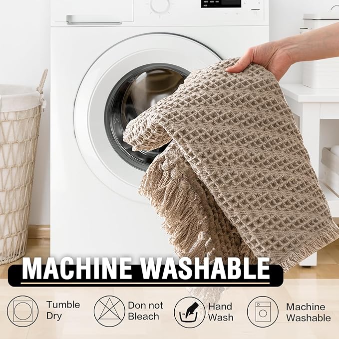 H.VERSAILTEX Waffle Bath Mat Super Absorbent Boho Bath Mat Non Slip Bath Rugs for Bathroom Floor Machine Washable Dry Fast Bathroom Rugs with Handmade Tassels, 24" x 36", Irish Cream