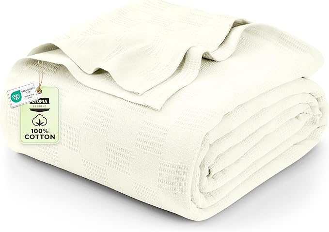 Utopia Bedding Ivory 100% Cotton Blanket [Twin Size - 90x72 Inch] 350GSM Lightweight, Soft and Breathable Thermal Blanket for All Seasons