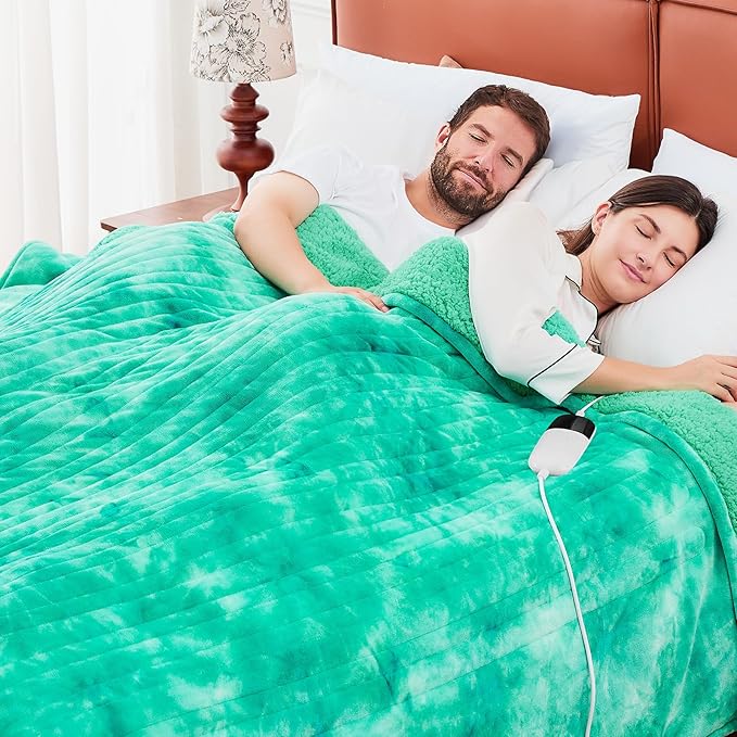 greenoak Heated Electric Blanket Throw, Faux Fur Sherpa Heating Blanket for Sofa Bed, Warm Winter Gifts for Women/Her, Heater Lap Blankets 5-Position Timer &10 Heating Levels 72''*84" Aqua
