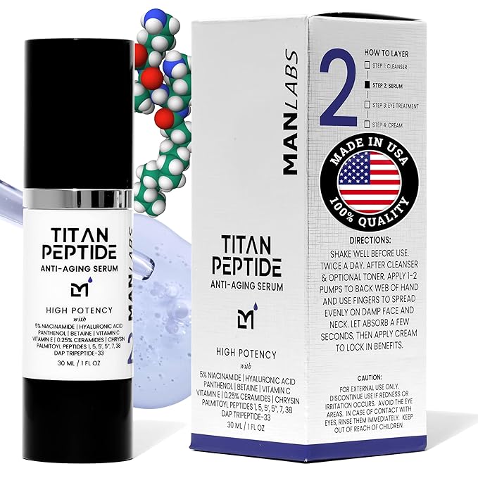 Titan Anti-Aging Peptides Serum for Face – High Potency Mens Peptide Serum Moisturizer – Mens Skin Care – Men, Dark Spots, Wrinkles, Fine Lines – Peptides, 5% Niacinamide, HA – Unscented