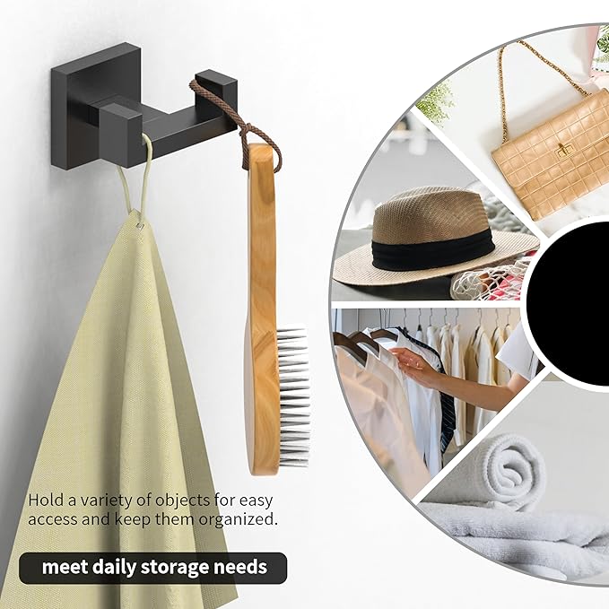 Ruacq Double Towel Hook Matte Black Square Base Bathroom Robe Towel Holder Hand Towel Hanger Stainless Steel Modern Wall Mounted