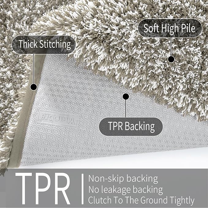 Yimobra Bathroom Rugs Non Slip Washable, Ultra Soft and Water Absorbent Bath Mats, Plush Fluffy Shower Mat Outside, Microfiber Thick Matts for Bathroom Floor/Sink, 24x17, Light Tan and White