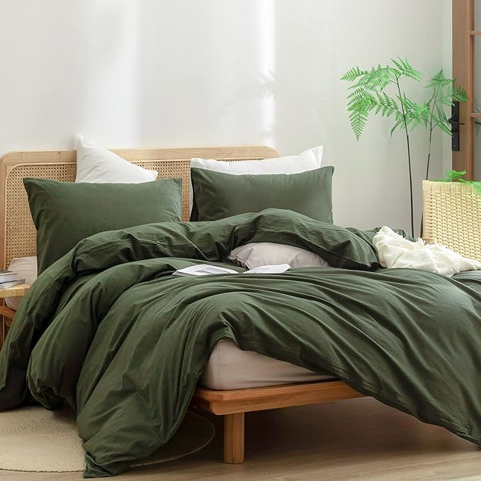 BESTOUCH Duvet Cover Set 100% Washed Cotton Linen Feel Super Soft Comfortable Chic Lightweight 3 PCs Home Bedding Set Olive Green Queen