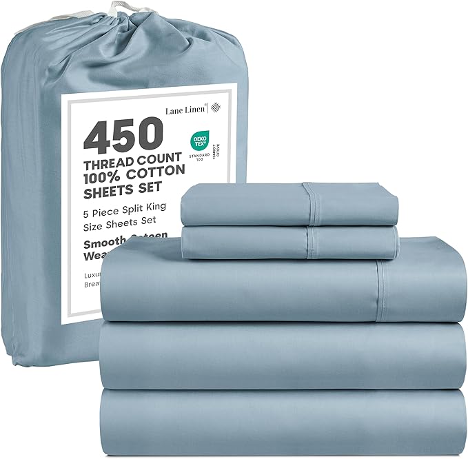 LANE LINEN Split King Sheet Sets – 450 Thread Count 100% Cotton Sheets, Soft & Breathable Sateen Weave, 15” Deep Pocket Fully Elasticized Fitted Sheet, Luxury Hotel Bedding & Pillowcases, French Blue