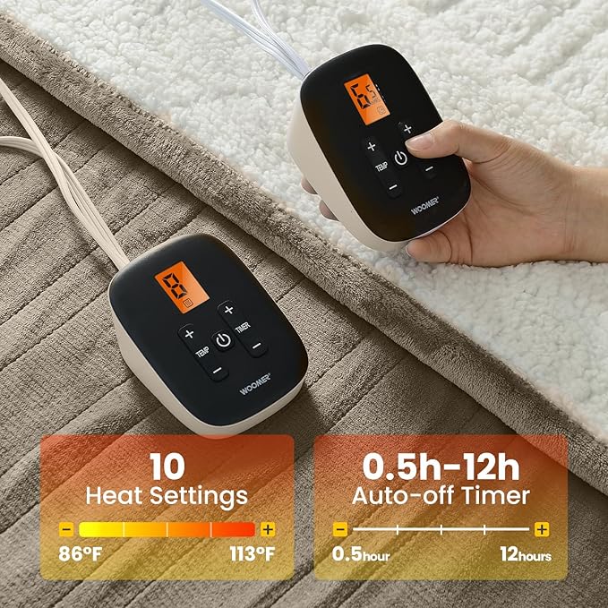 WOOMER Heated Blanket King Size,Durable Flannel and Soft Sherpa,Dual Control,84” × 90” Electric Blanket, 10 Heat Levels&0.5-12h auto-Off, Overheat Protection,Energy Efficient