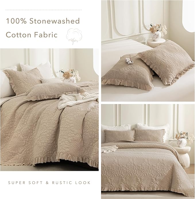 QSH 3PCs Stonewashed Cotton Quilt King (110"x98"), Dark Wheat Ruffled Quilt King Size Bedding Set,Ultra Lightweight Soft Crinkled Bedspread Coverlet King Shabby Farmhouse Chic Bedding for All Seasons