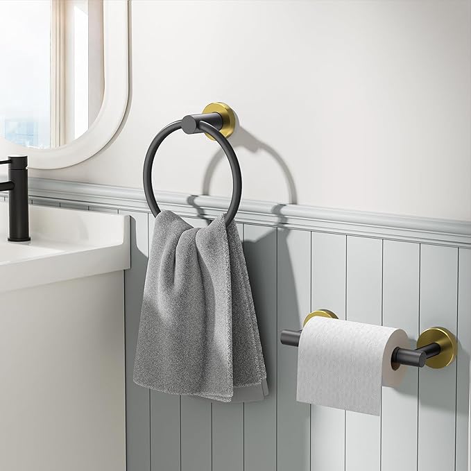 FORIOUS Toilet Paper Holder Wall Mount, SUS304 Stainless Steel Double Post Pivoting Tissue Roll Holder and Hand Towel Ring Set for Bathroom, RV, Bathroom Hardware Accessories Set, Black Gold