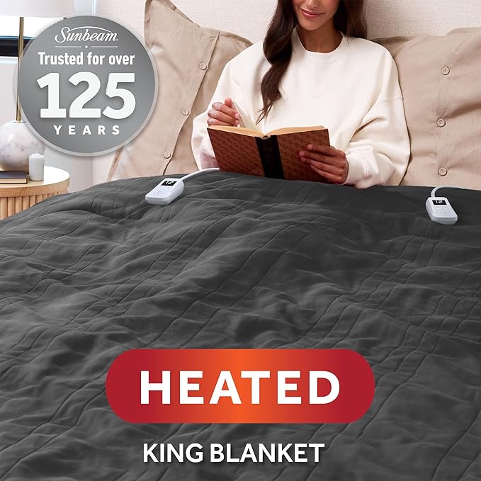 Sunbeam Electric Royal Luxe Microplush Heated Blanket, 12 Heat Settings, 12-Hour Auto Shut-Off, Fast Heating, Warm & Cozy, Machine Washable, Night Fog Color, King (90" x 100")