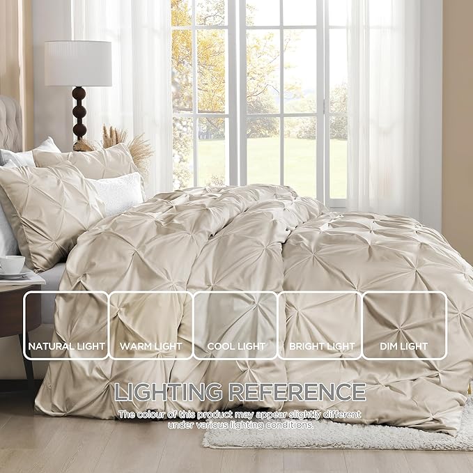 Litanika Oatmeal Oversized King Pinch Pleat Duvet Cover, 3 Pieces Pintuck Cover Soft Microfiber Bedding Set with Zipper Closure & Corner Ties(1 Duvet Cover, 2 Pillowcases)