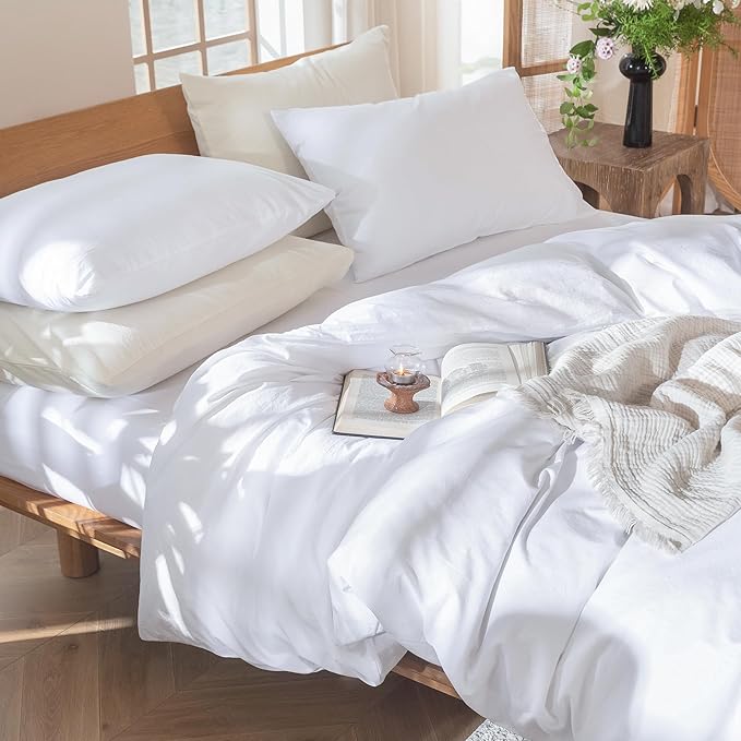 MooMee Bedding Duvet Cover Set 100% Washed Cotton Linen Like Textured Breathable Durable Soft Comfy (Solid Bright White, Twin 68"x90")