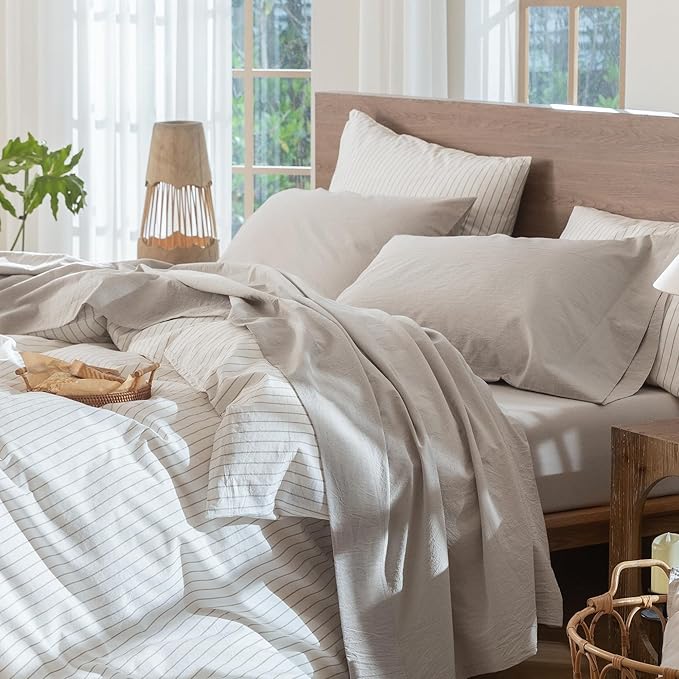 MooMee Bedding Sheet Set 100% Washed Cotton Linen Like Textured Breathable Durable Soft Comfy (Solid Light Tan, Queen)