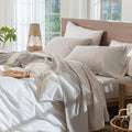 MooMee Bedding Sheet Set 100% Washed Cotton Linen Like Textured Breathable Durable Soft Comfy (Solid Light Tan, Queen)